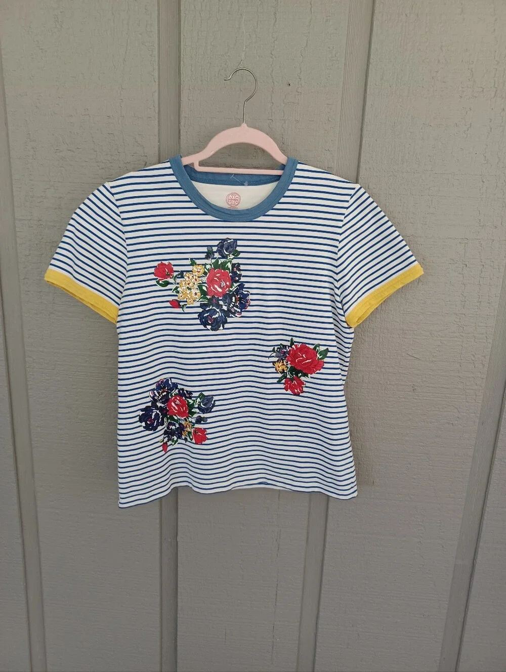 Tory Burch Striped Floral T Shirt Size L Women Cotton Preppy Stripe Tea Rose